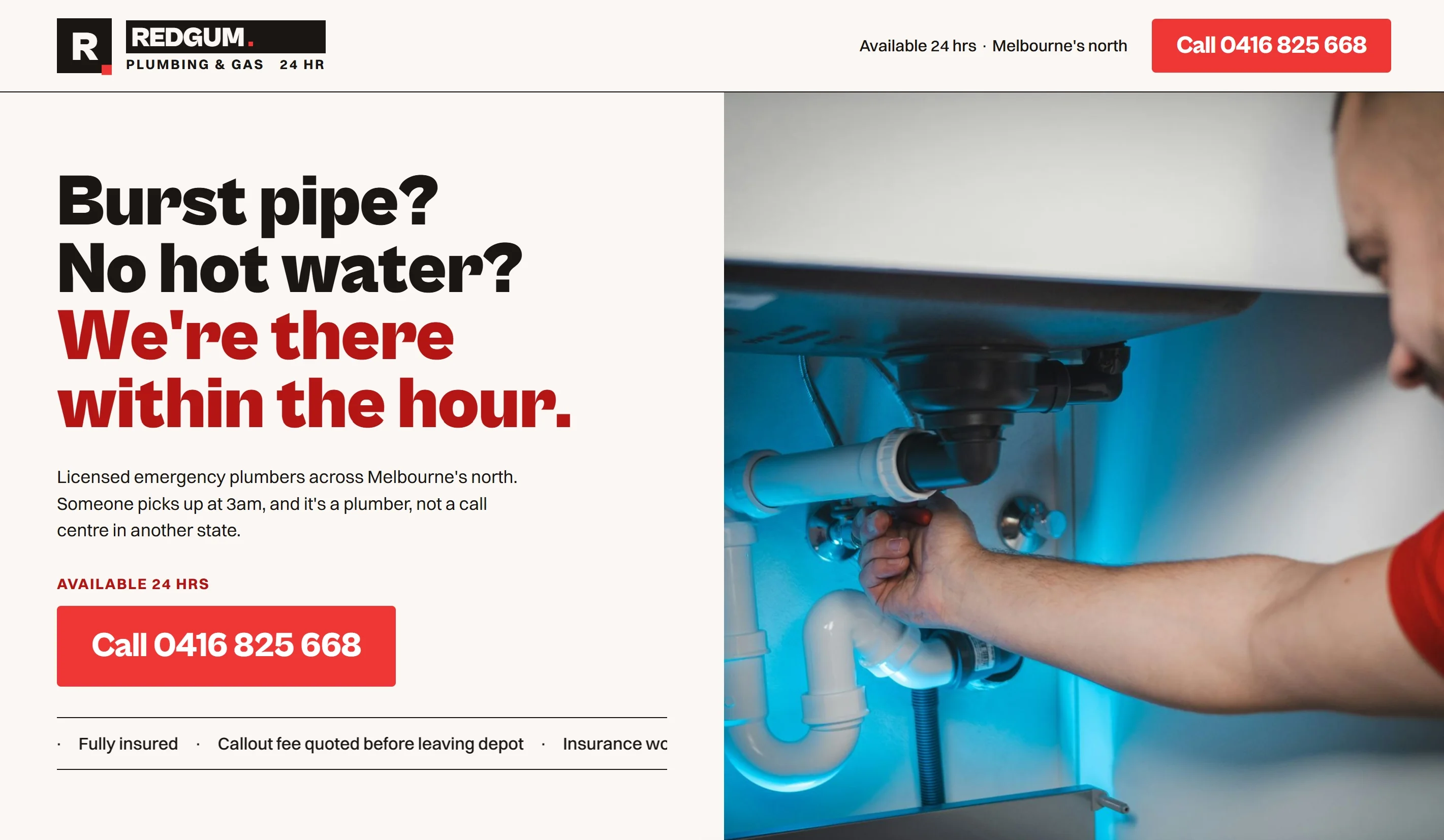 Redgum 24-hour emergency plumber landing page screenshot